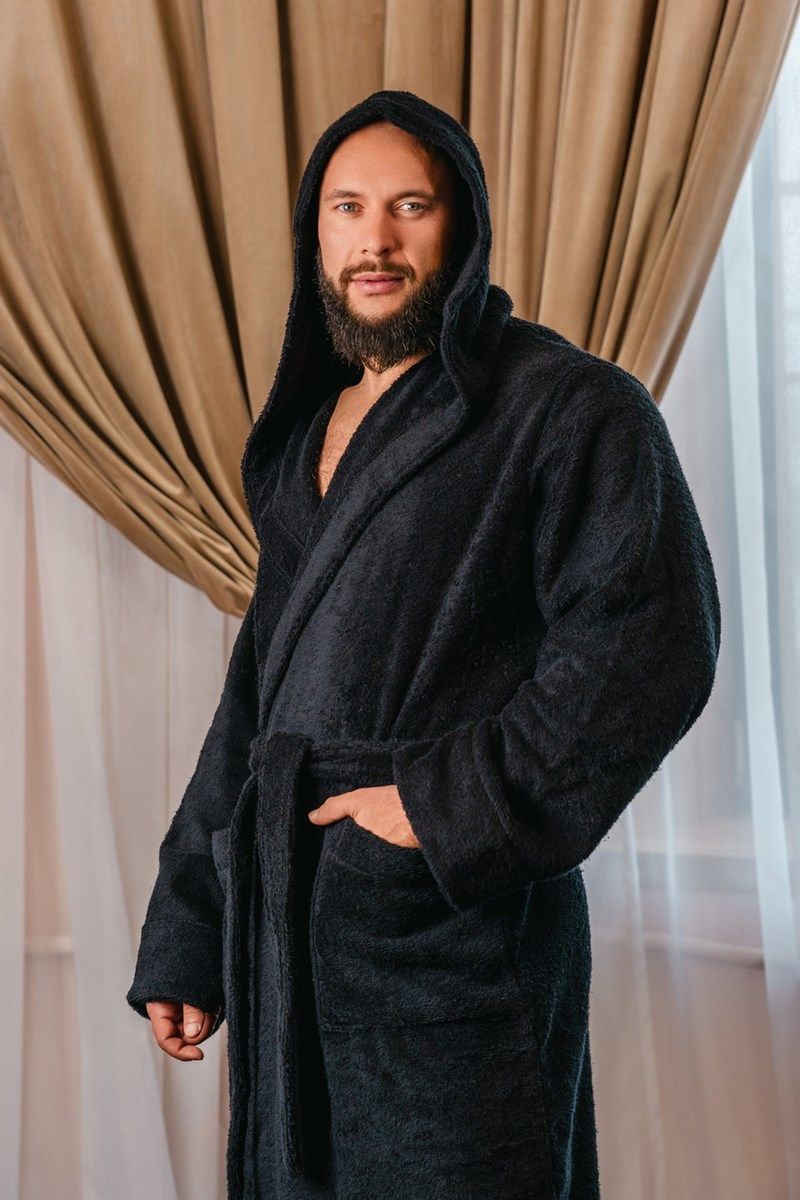 снимок Халат махровый с капюшоном, чёрный от магазина BIO-TEXTILES ОПТ
