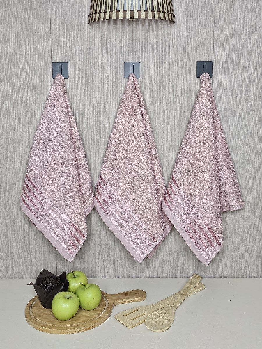 снимок Набор махровых полотенец 3 шт (40*70) розовый, полоса от магазина BIO-TEXTILES ОПТ