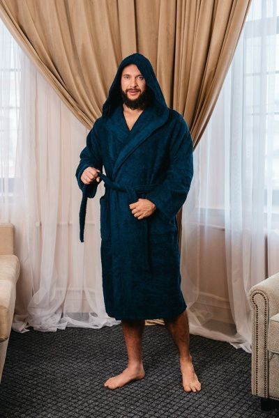 Халат махровый с капюшоном, темно-синий