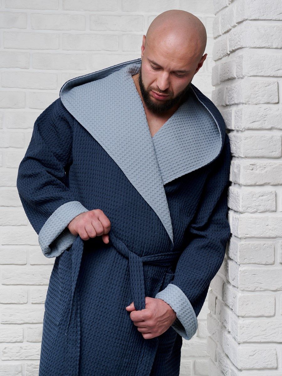 снимок Халат вафельный с капюшоном, два цвета, темно-синий от магазина BIO-TEXTILES ОПТ