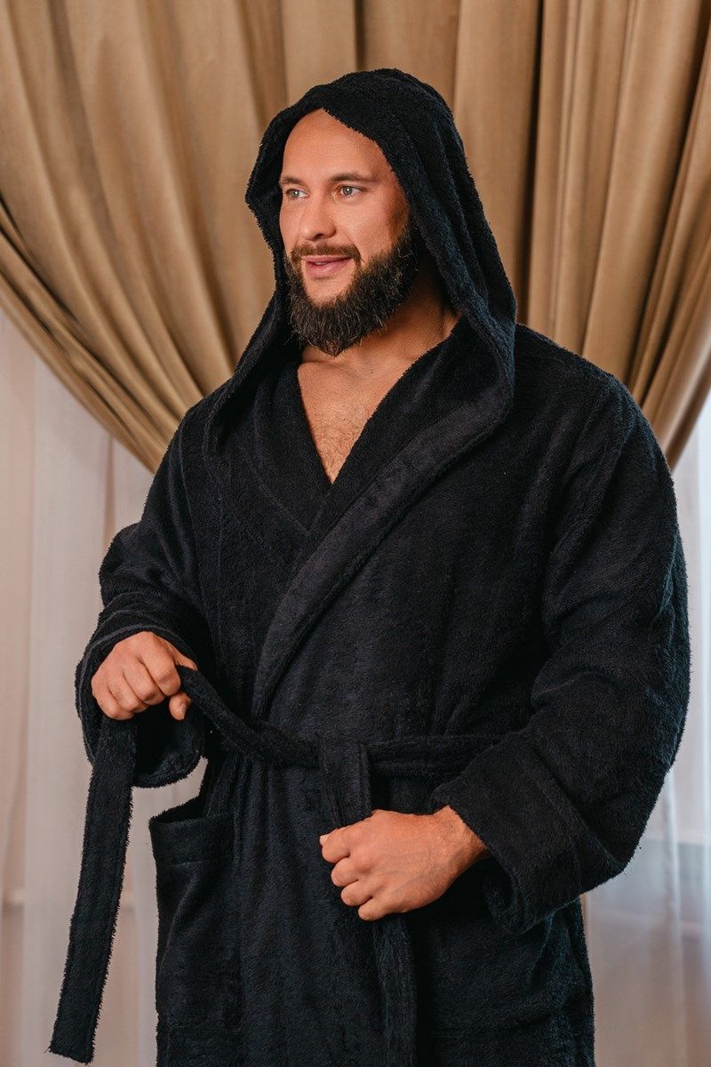 снимок Халат махровый с капюшоном, чёрный от магазина BIO-TEXTILES ОПТ