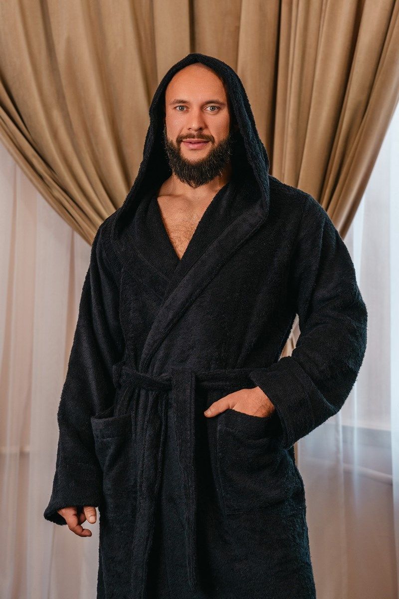 снимок Халат махровый с капюшоном, чёрный от магазина BIO-TEXTILES ОПТ