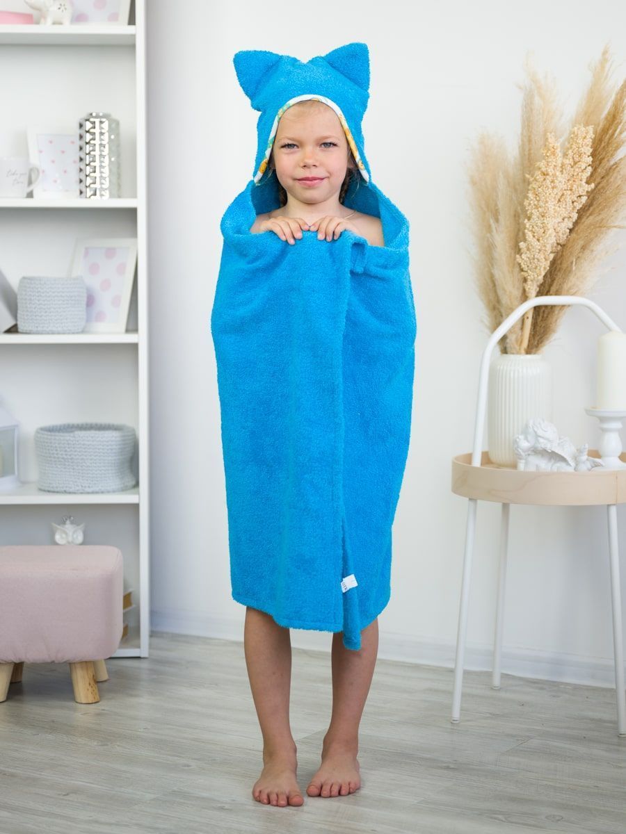 снимок Накидка детская с капюшоном "КОТИКИ" 110*70 см, ярко-голубой от магазина BIO-TEXTILES ОПТ