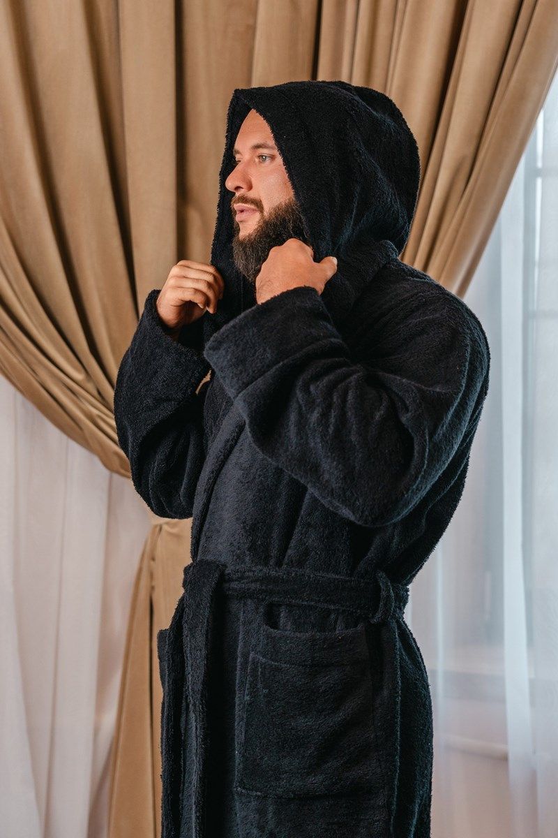 снимок Халат махровый с капюшоном, чёрный от магазина BIO-TEXTILES ОПТ