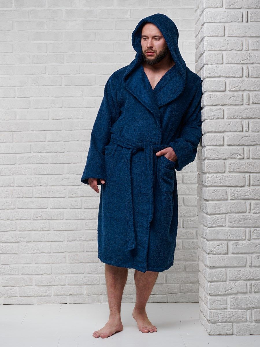 снимок Халат мужской махровый PandaHug с капюшоном, синий от магазина BIO-TEXTILES ОПТ